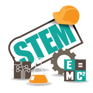 Image with "STEM" and other icons, including a hard hat, a gear, and a flash with liquid